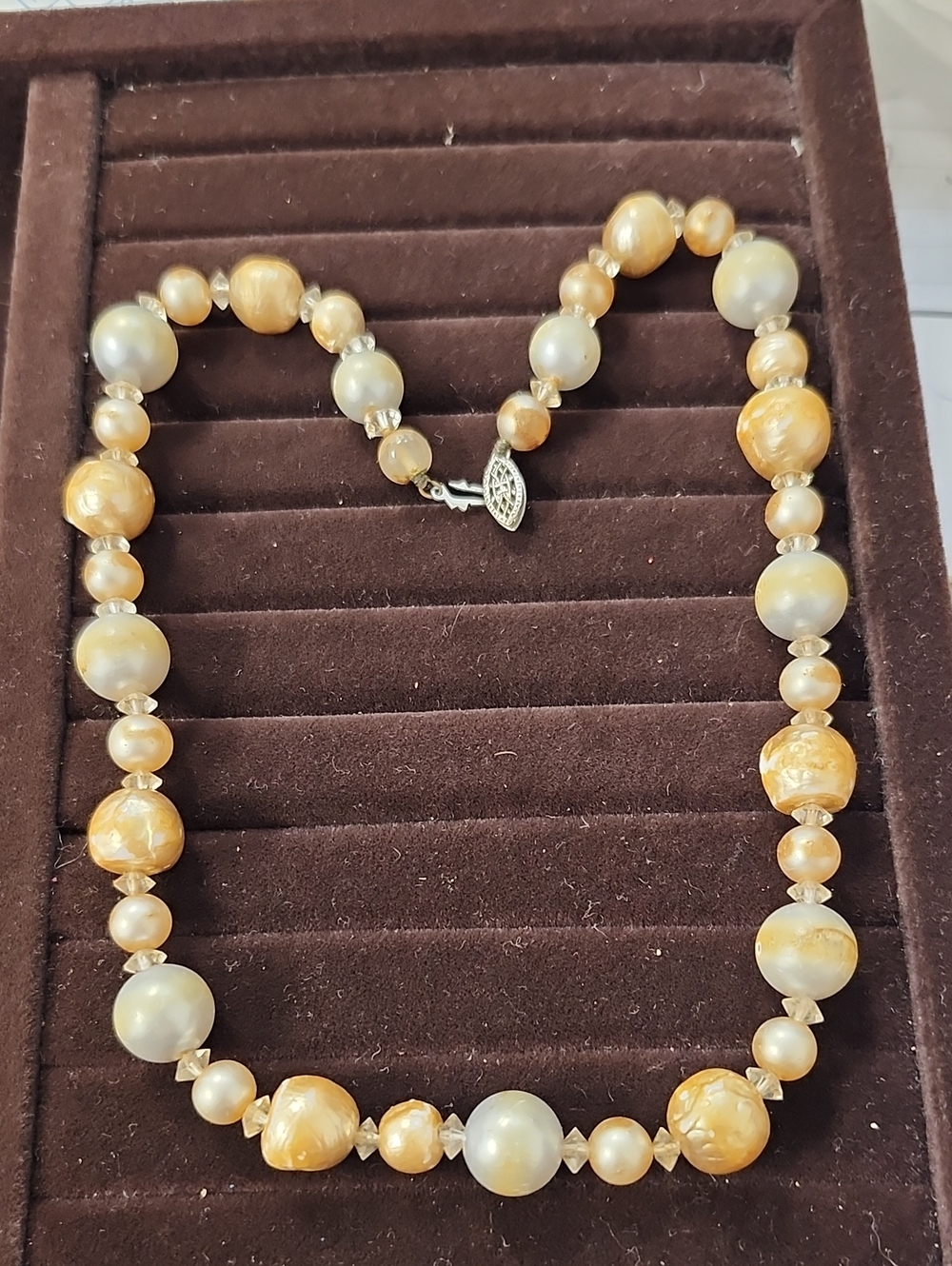Vintage Mother of Pearl Graduated Bead Necklace Crystal Spacers Fishhook Clasp